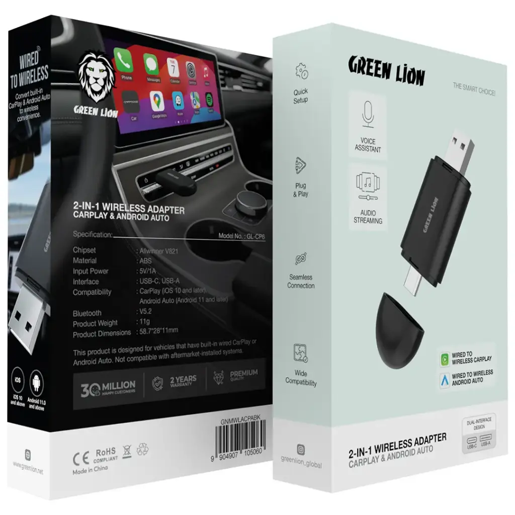 Green Lion 2-In-1 Wireless Adapter CarPlay & Android Auto | 2 Years Warranty
