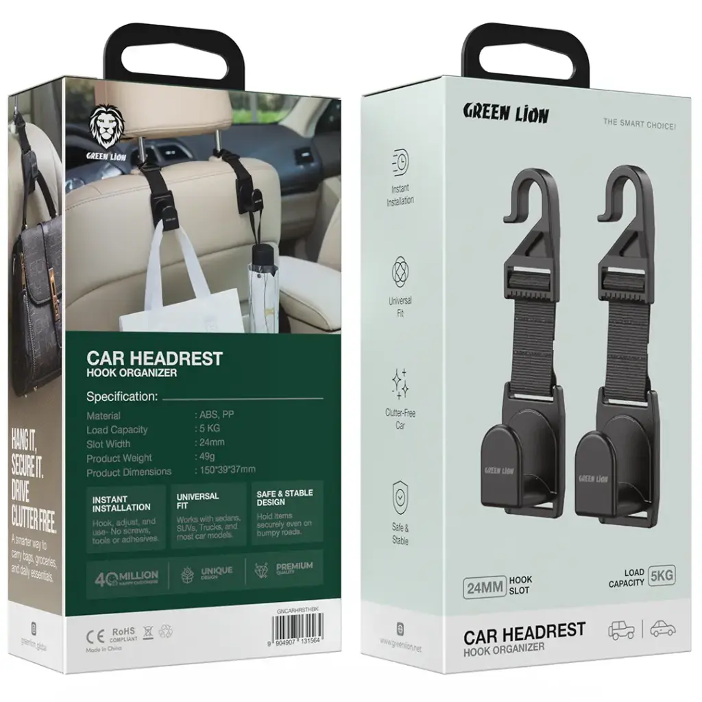 Green Lion Car Headrest Hook Organizer | 2 Years Warranty