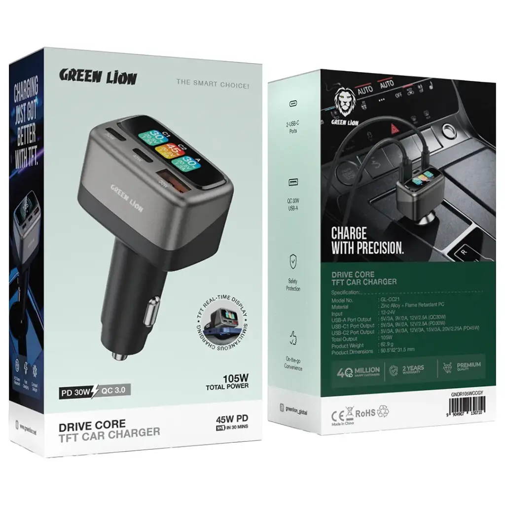 Green Lion Drive Core TFT Car Charger | 2 Years Warranty