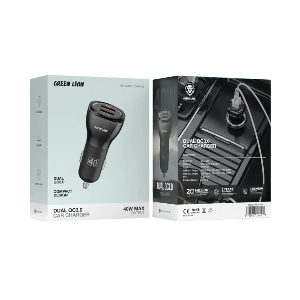 Green Lion Dual QC3.0 Car Charger 40W + USB-A to Lightning 1M | 2 Years Warranty