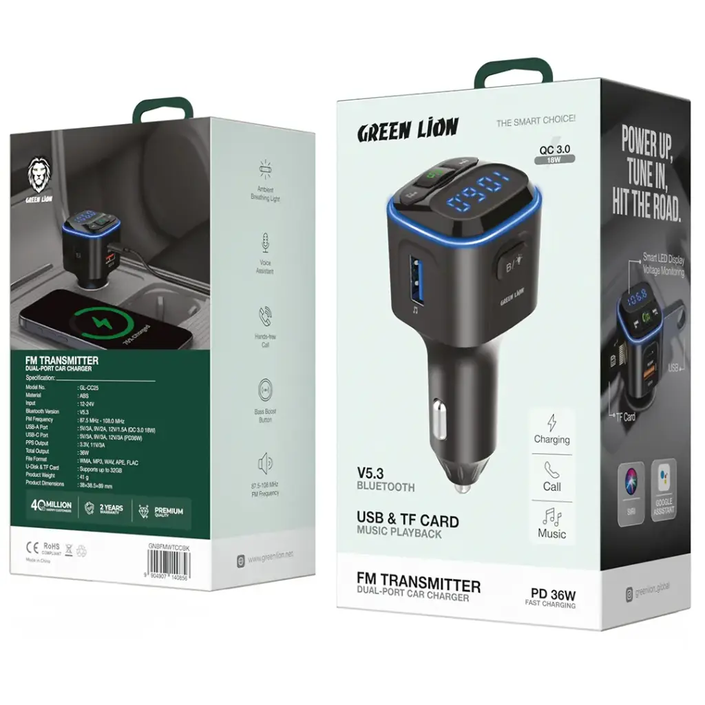 Green Lion FM Transmitter Dual-Port Car Charger PD 36W | 2 Years Warranty