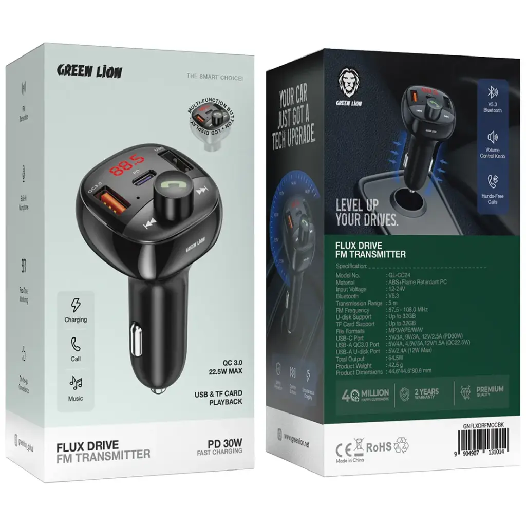 Green Lion Flux Drive FM Transmitter Car Charger PD 30W | 2 Years Warranty