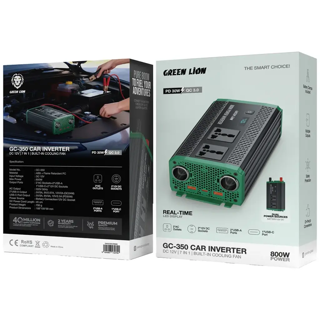 Green Lion GC-350 Car Inverter 800W Power DC 12V - 2 AC Sockets PD30W | 2 Years Warranty
