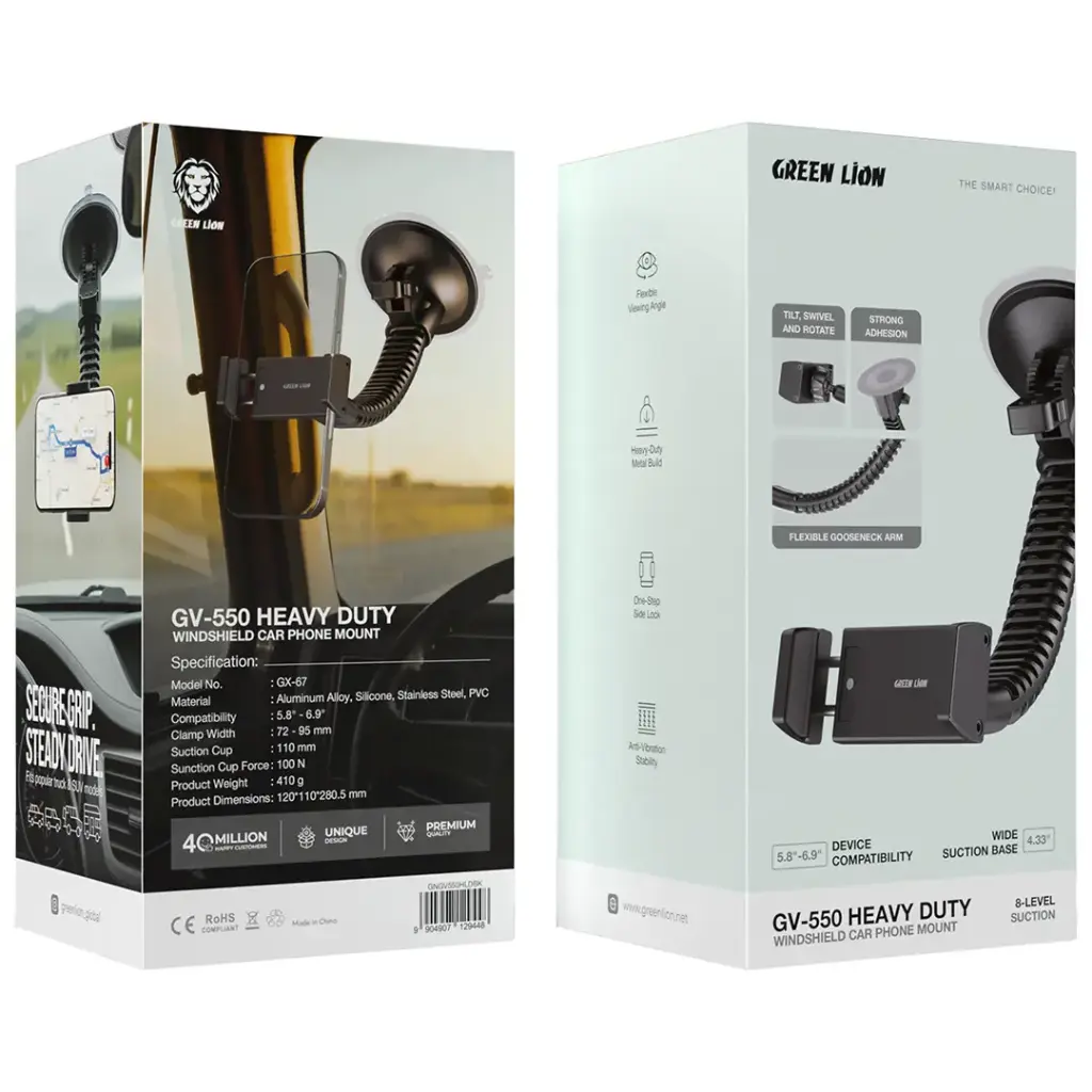 Green Lion GV-550 Heavy Duty Windshield Car Phone Mount | 2 Years Warranty