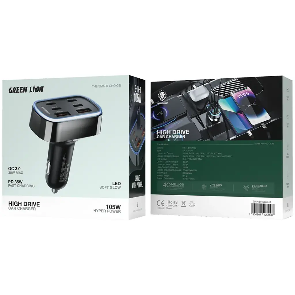 Green Lion High Drive 105W Car Charger PD 35W | 2 Years Warranty