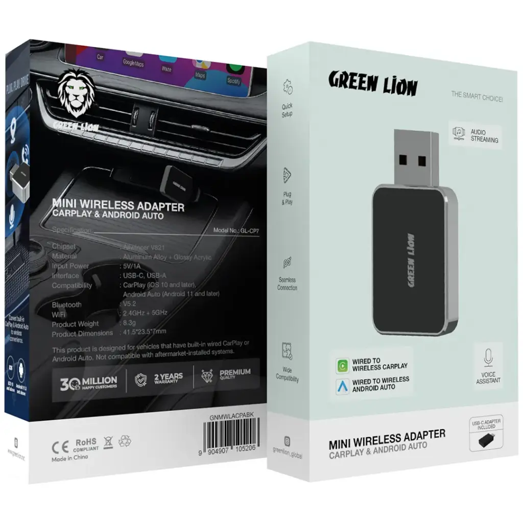 Green Lion Mini Wireless Adapter CarPlay & Android Auto | 2 Years Warranty