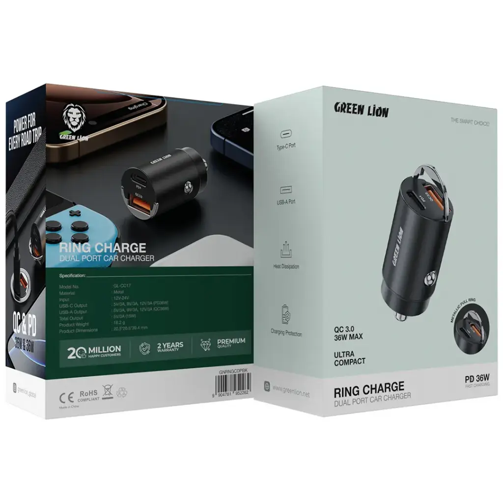 Green Lion Ring Charge Dual Port Car Charger PD 36W + USB-C to Lightning Cable 1M | 2 Years Warranty