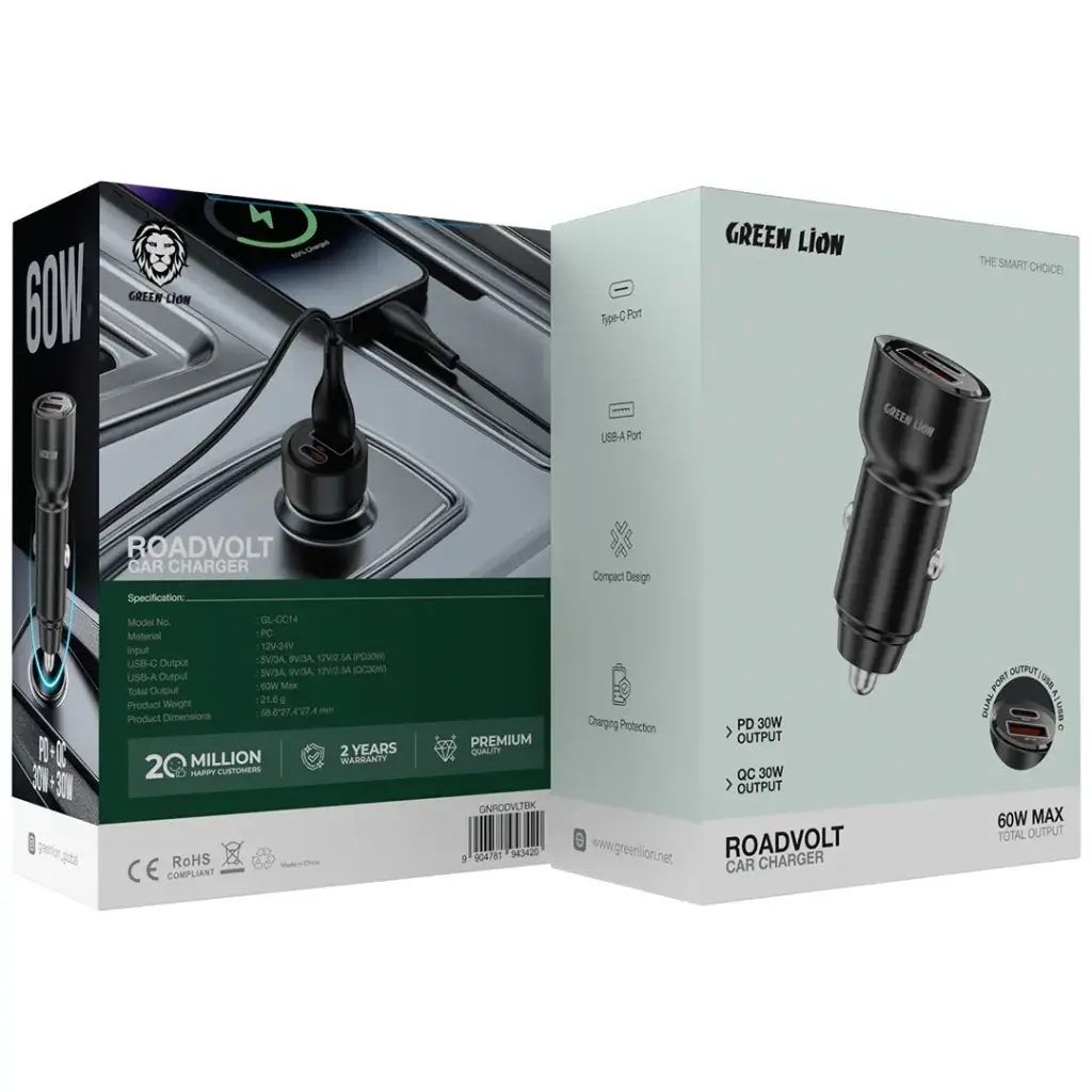 Green Lion RoadVolt Car Charger PD + QC 60W | 2 Years Warranty