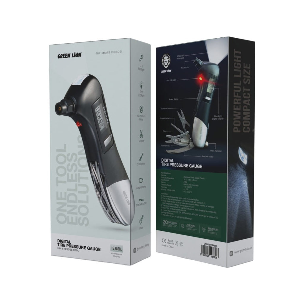 Green Lion Digital Tire Pressure Gauge 9 In 1 Rescue Tool | 2 Years Warranty