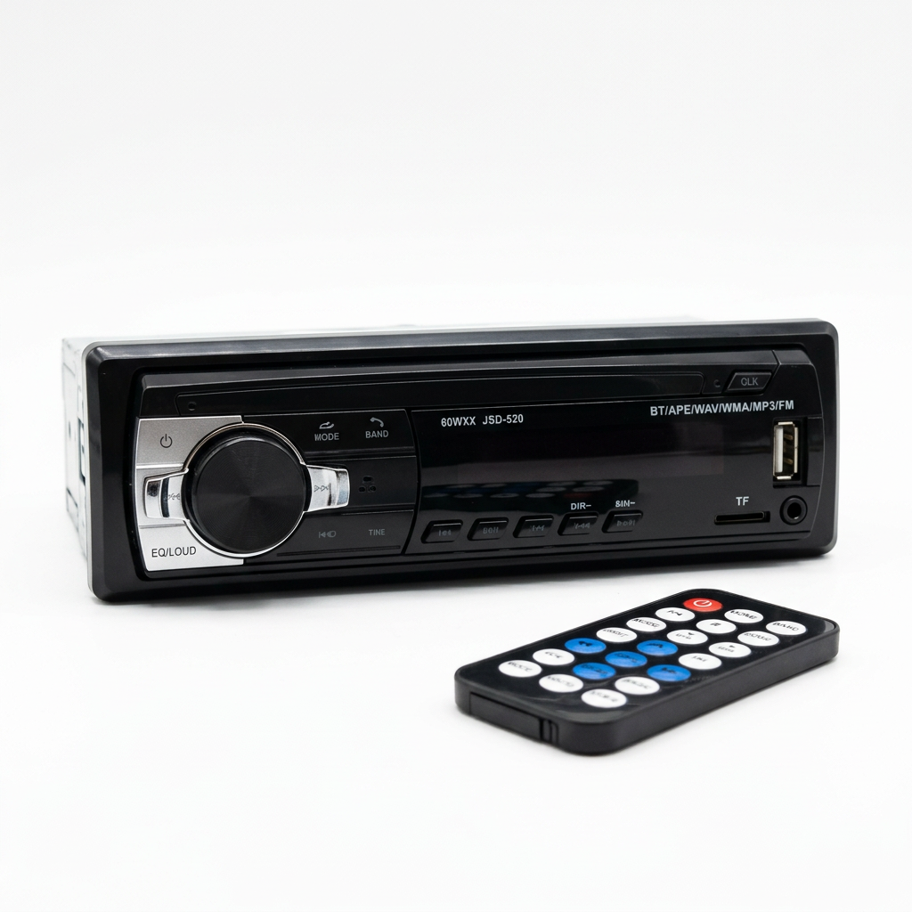 Car MP3 stereo and remote on white background