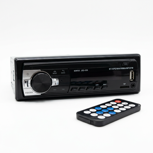 Car MP3 stereo and remote on white background