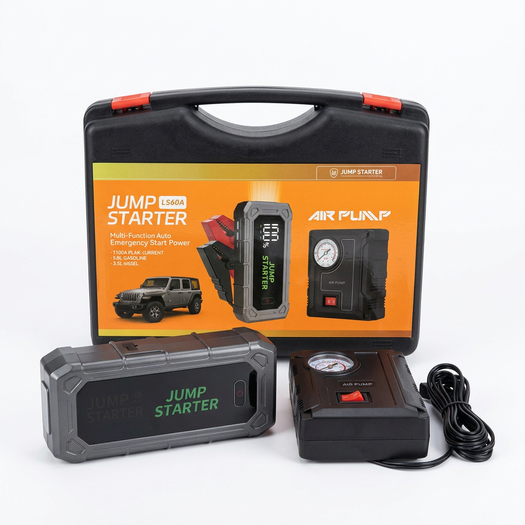 Jump starter and air pump kit on a white background